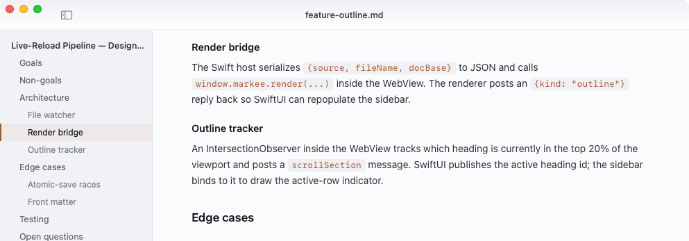 Zoomed view of Markee's outline sidebar with one heading row highlighted in accent orange.